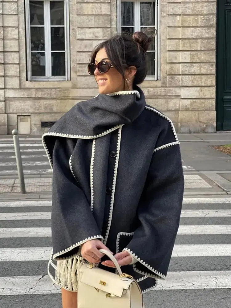 Street-wave Black Coat With Contrast Stitching Fringe And Relaxed Fit For Trendsetting Women