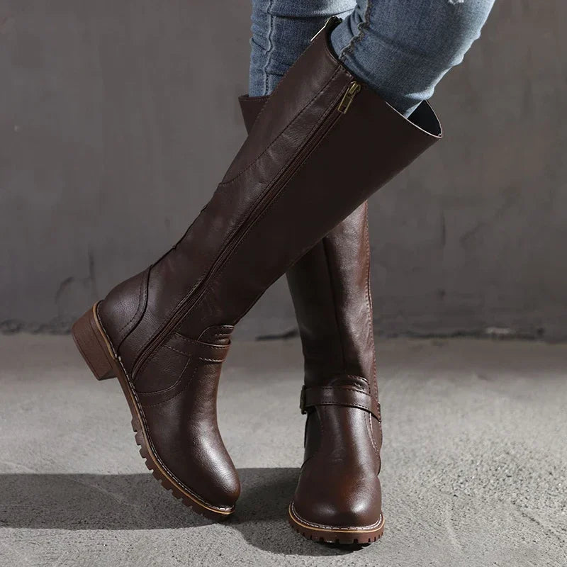 Street-wave Knee High Boots For Women With Buckle Detail Leather-Look Upper Sleek Slim Fit All-Day Comfort
