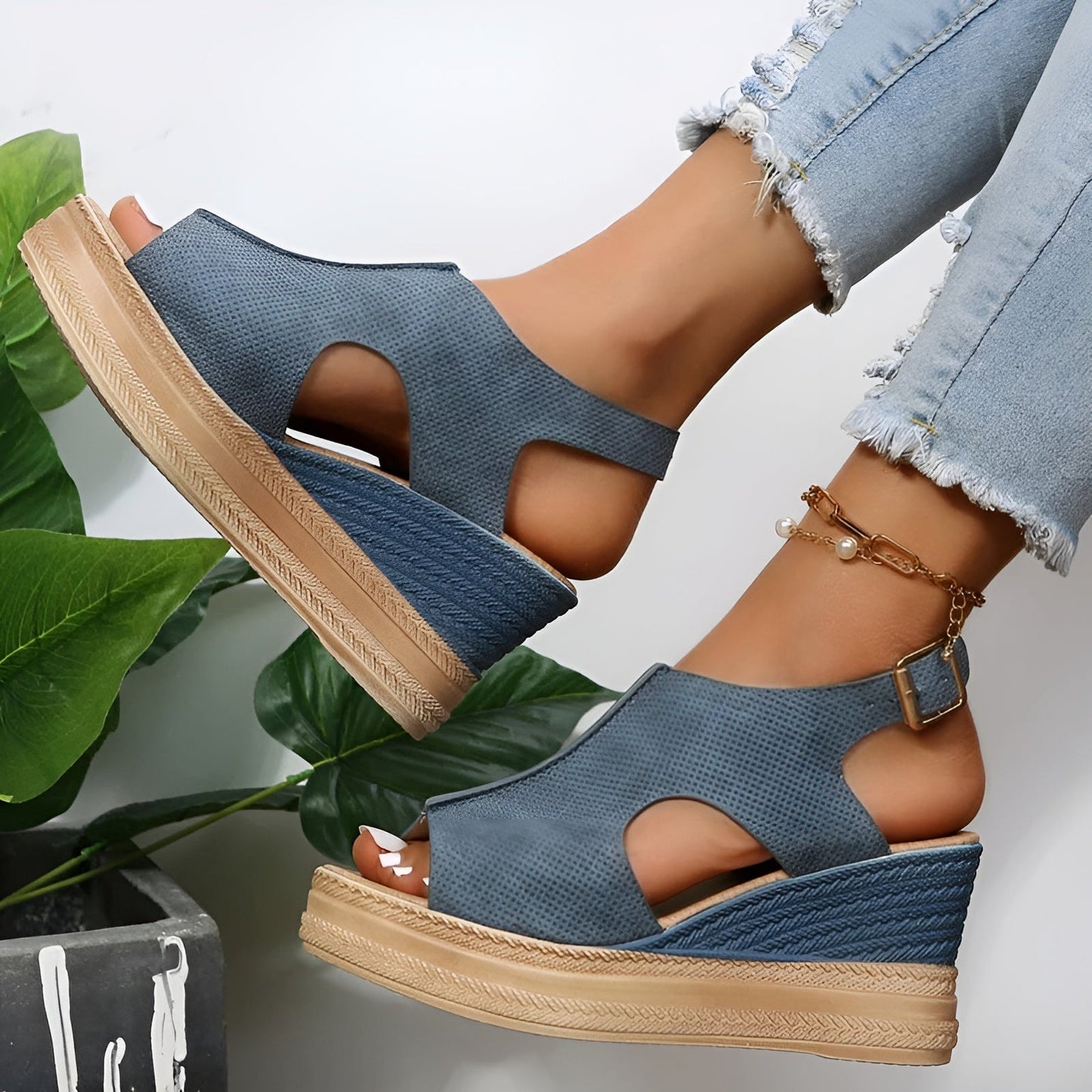 Street-Wave Women Orthopedic Footbed Sandals With Wedge Heel Peep Toe And Ankle Strap For All Day Comfort