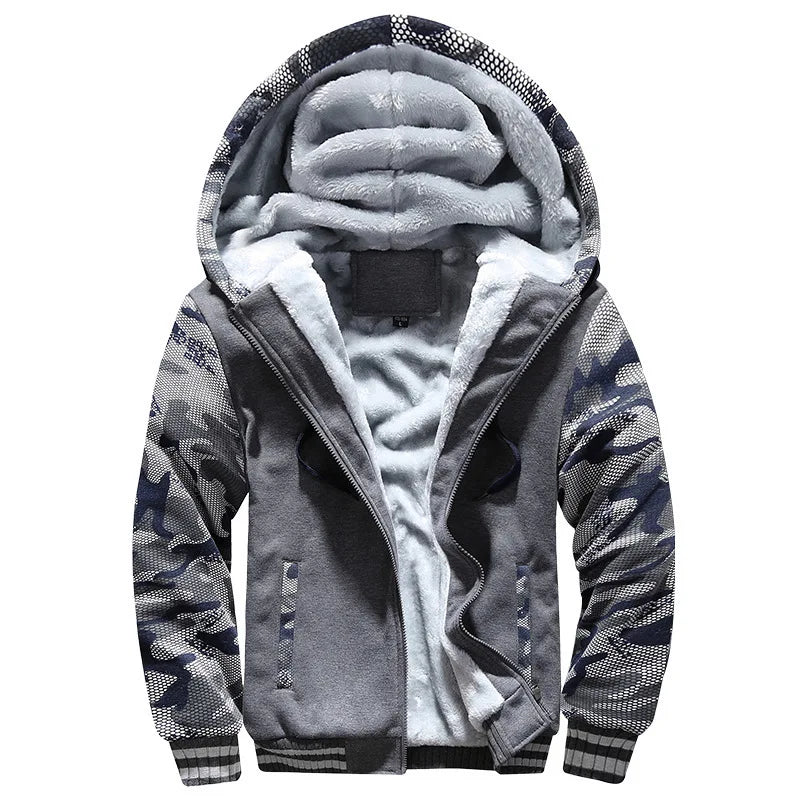 Street-Wave Jack Mens Winter Hoodie Jacket Thick Fleece Lined Warmth With Camouflage Sleeves Hooded Design