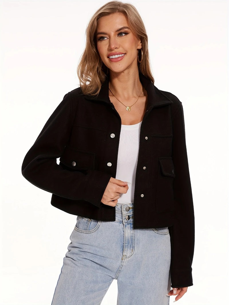 Street-wave Short Wool Jacket With Button Front Soft Stylish Everyday Essential For Modern Women
