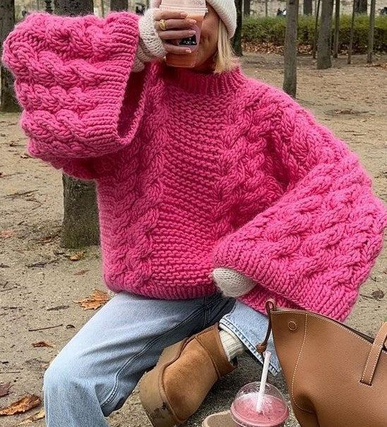 Streetwave Cable Knit Pullover Oversized Cozy Fit For Women Thick Pattern Warm Casual Sweater