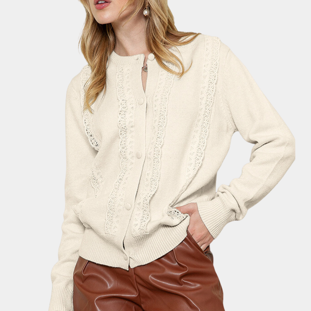 Street-wave Knit Cardigan With Lace Trim And Button Front For Women Lightweight Elegant Comfort