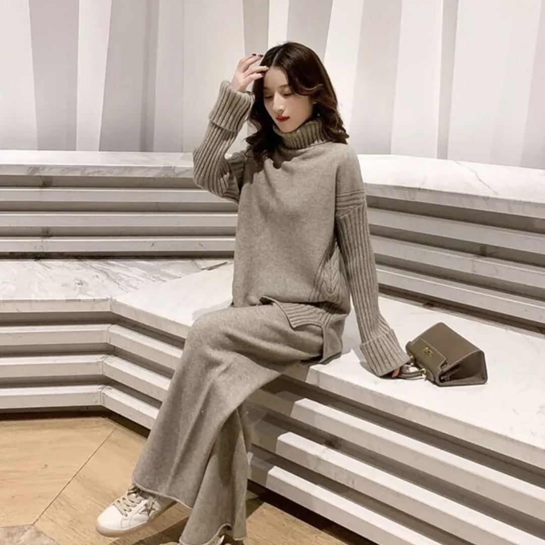 Street-Wave Cozy Knit Set With Turtleneck Sweater And Matching Pants For Stylish Women