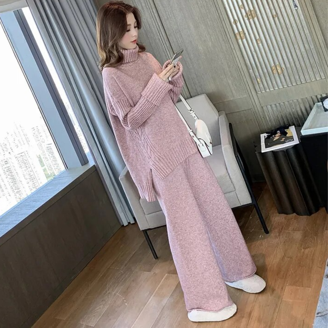 Street-Wave Cozy Knit Set With Turtleneck Sweater And Matching Pants For Stylish Women