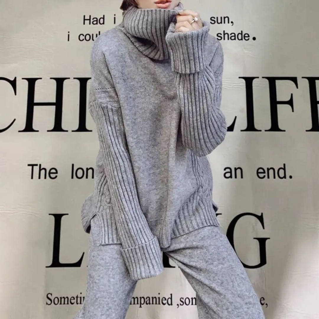Street-Wave Cozy Knit Set With Turtleneck Sweater And Matching Pants For Stylish Women