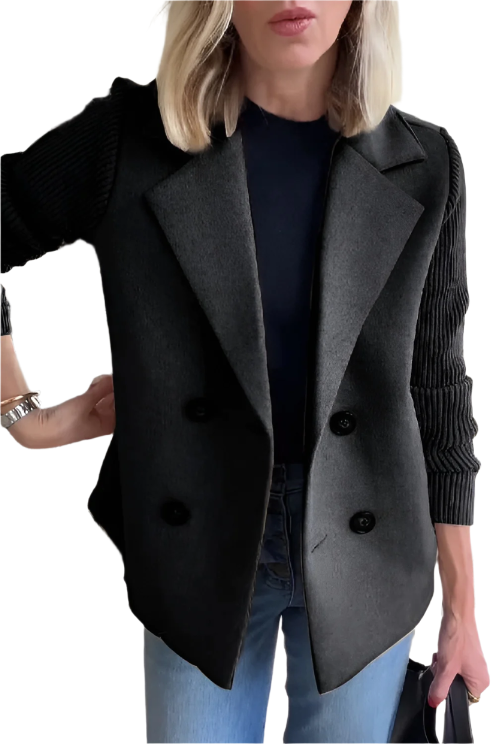 Street-wave Vegan Wool Blazer With Knit Sleeves For Modern Eco Conscious Women Effortless Style
