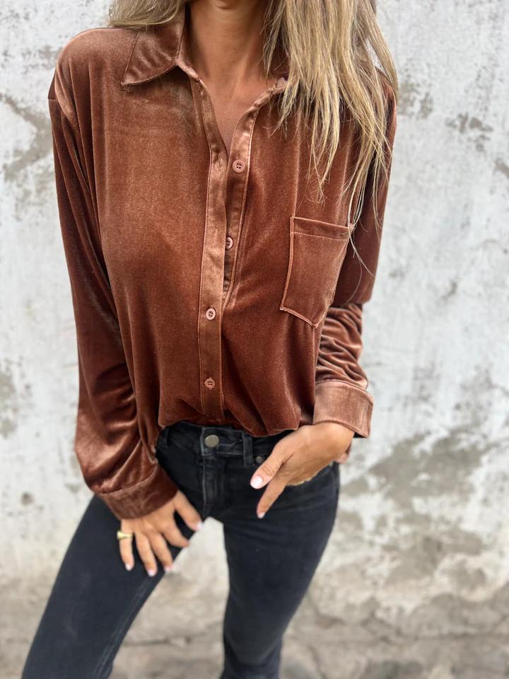 Street-Wave Velvet Blouse With Pocket For Women Soft Elegant Festive Attire Ideal For Parties