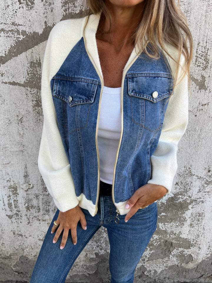Street-Wave Denim Zip Jacket With Cozy Sherpa Sleeves For Women Everyday Casual Outerwear