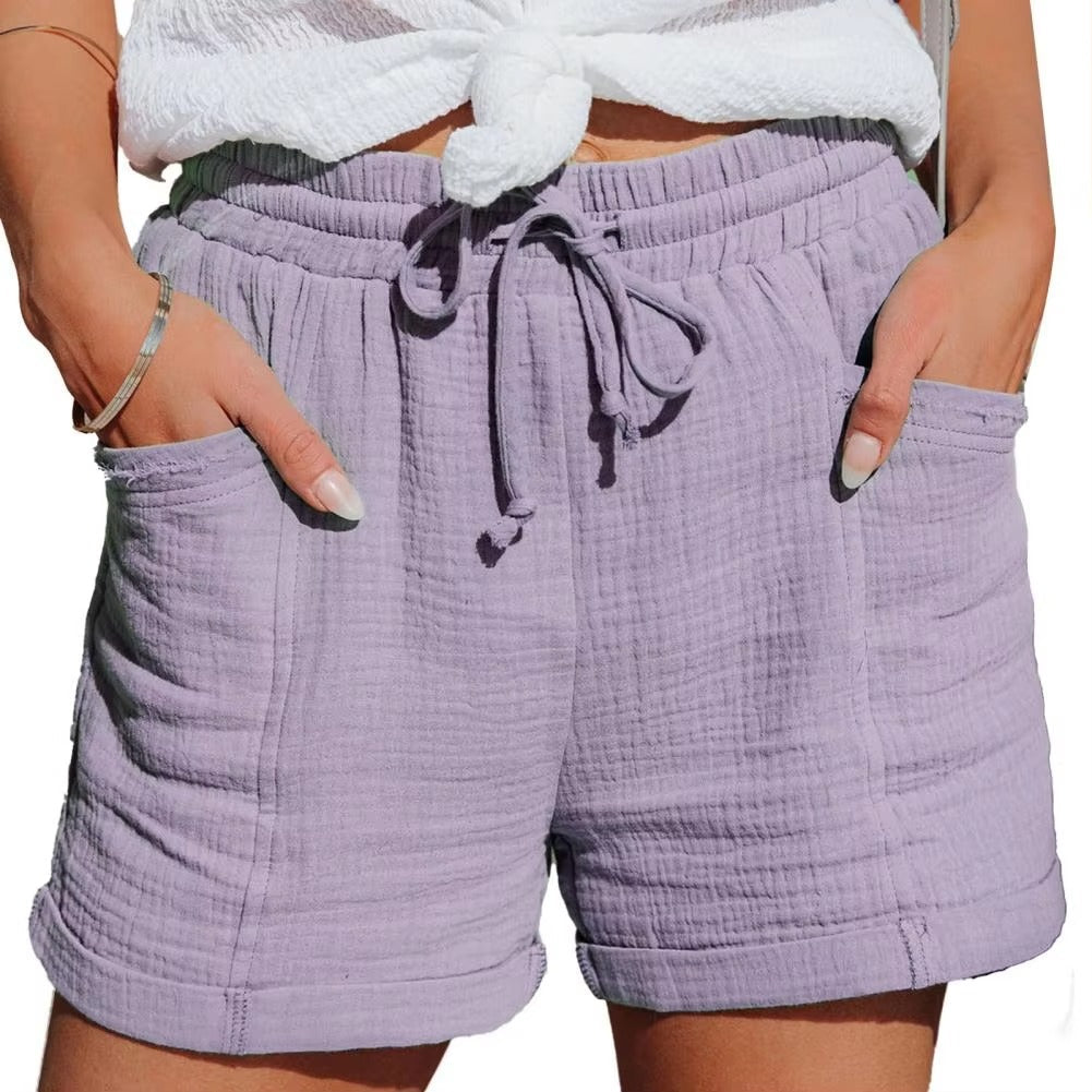 Women's Shorts - Relaxed Fit - Elastic Waist with Drawstring - Textured Cotton