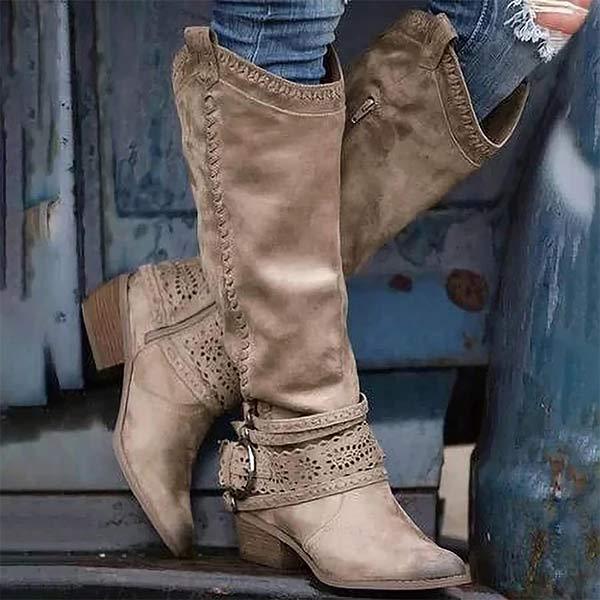 Street Wave Cowboy Boots With Block Heel And Buckle Decor For Women Stylish Western Footwear