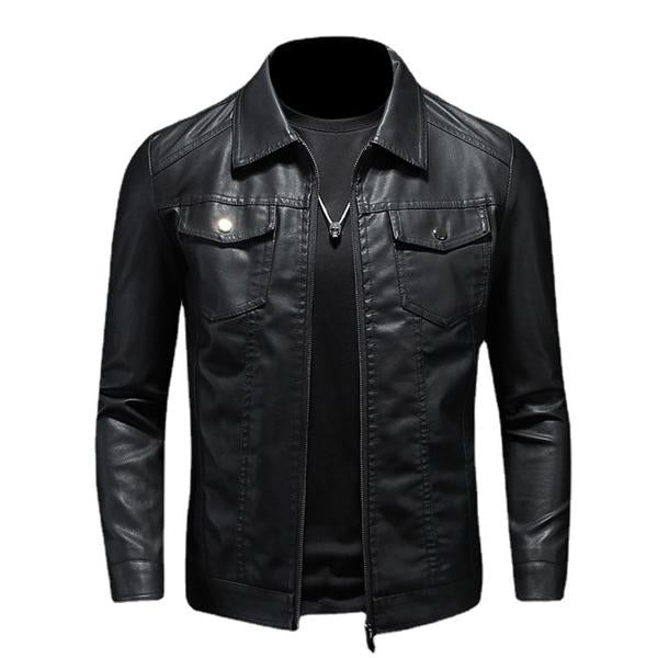 Street-wave Leather Jacket For Men With Collar Soft Leather Classic Fit Practical Pockets