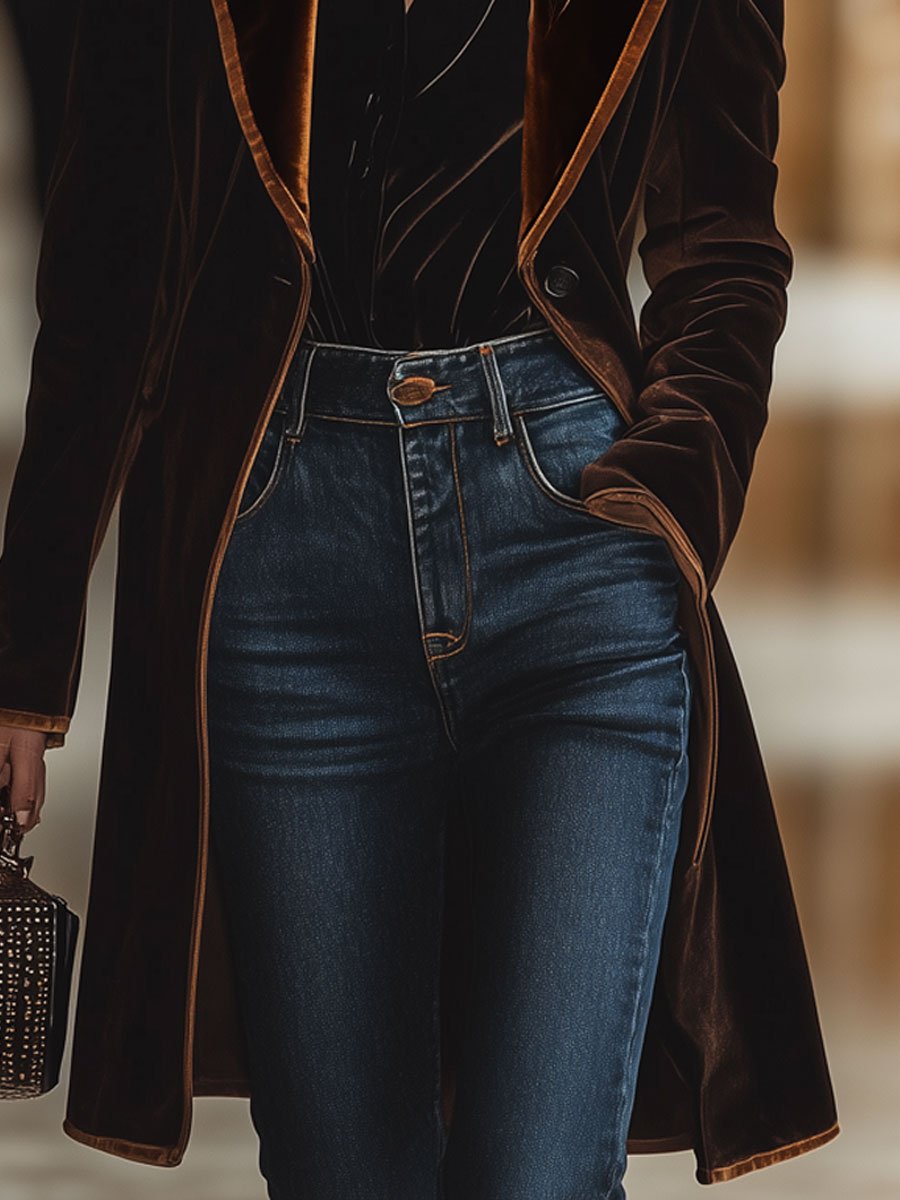 Street-wave Velvet Long Coat For Women Elegant Versatile Outerwear For Modern Fashion Lovers