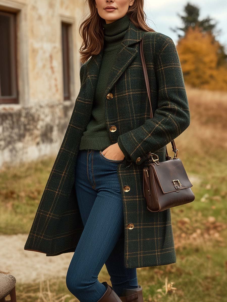 Street-Wave Women's Brown Plaid Coat With Button Closure, Timeless Tartan Style For Fashion Forward Women