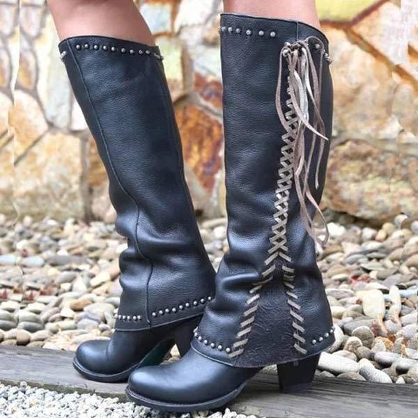 Street-Wave Vintage High Heel Knee Boots For Fashion-Forward Women With Studded Embellishments And Fringe Details