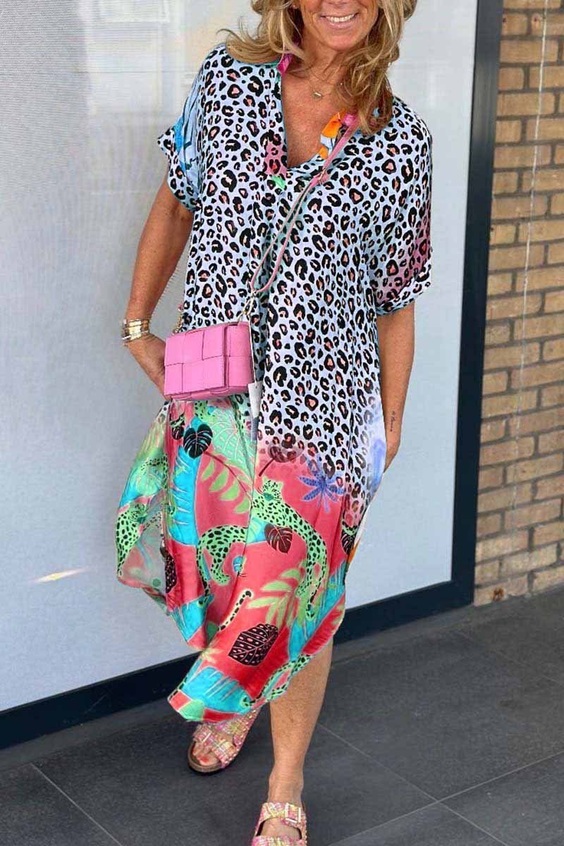 Leopard Print Midi Dress With Side Slit Street Wave Vibrant Tropical Floral Accent For Women