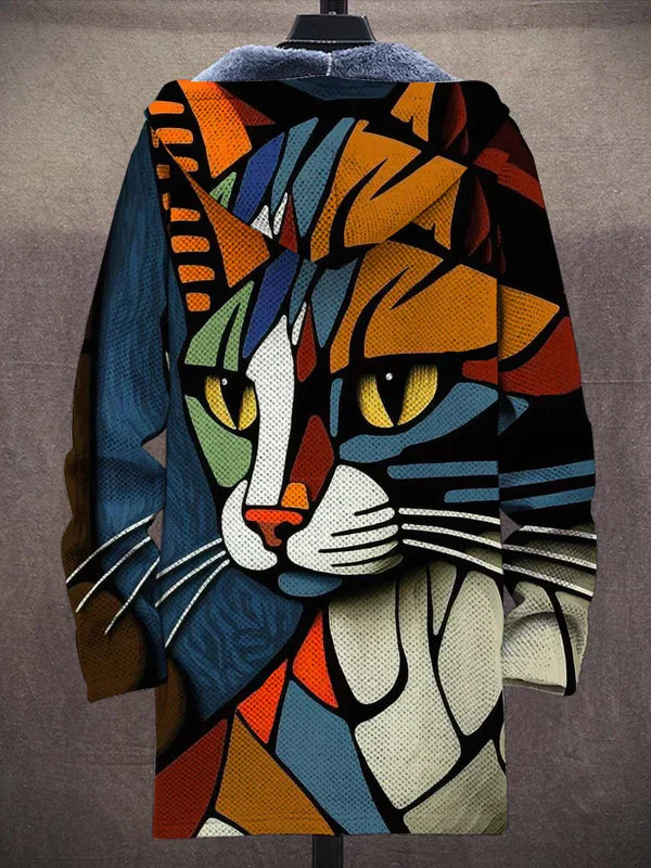 Street-Wave Winter Vest Fleece Coat With Plush Lining, Bold Cat Graphic, Urban Warmth For Cold Weather Fans