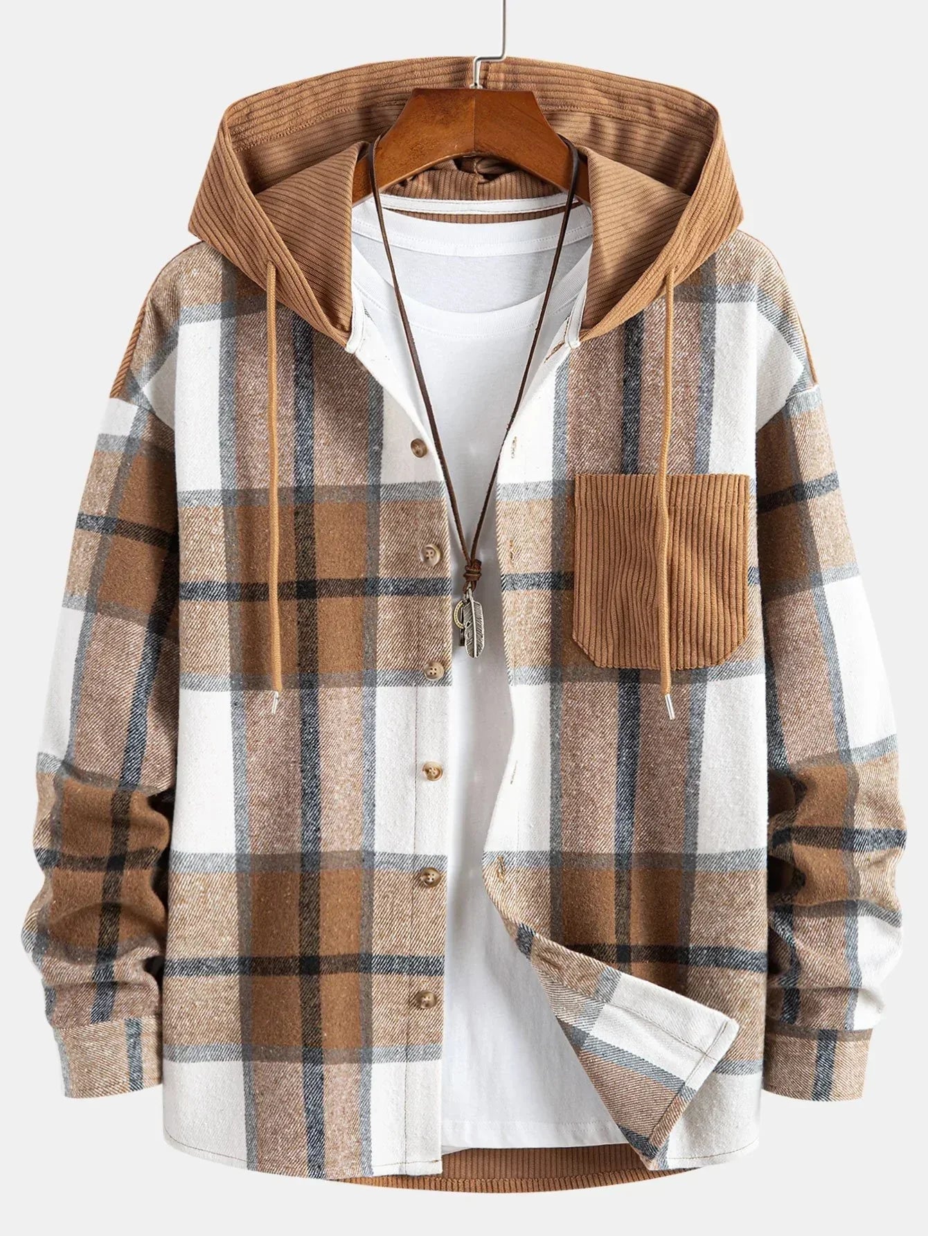 Corduroy Hooded Jacket For Men Streetwave Warm Cozy Modern Streetwear Outerwear With Plaid Sleeves