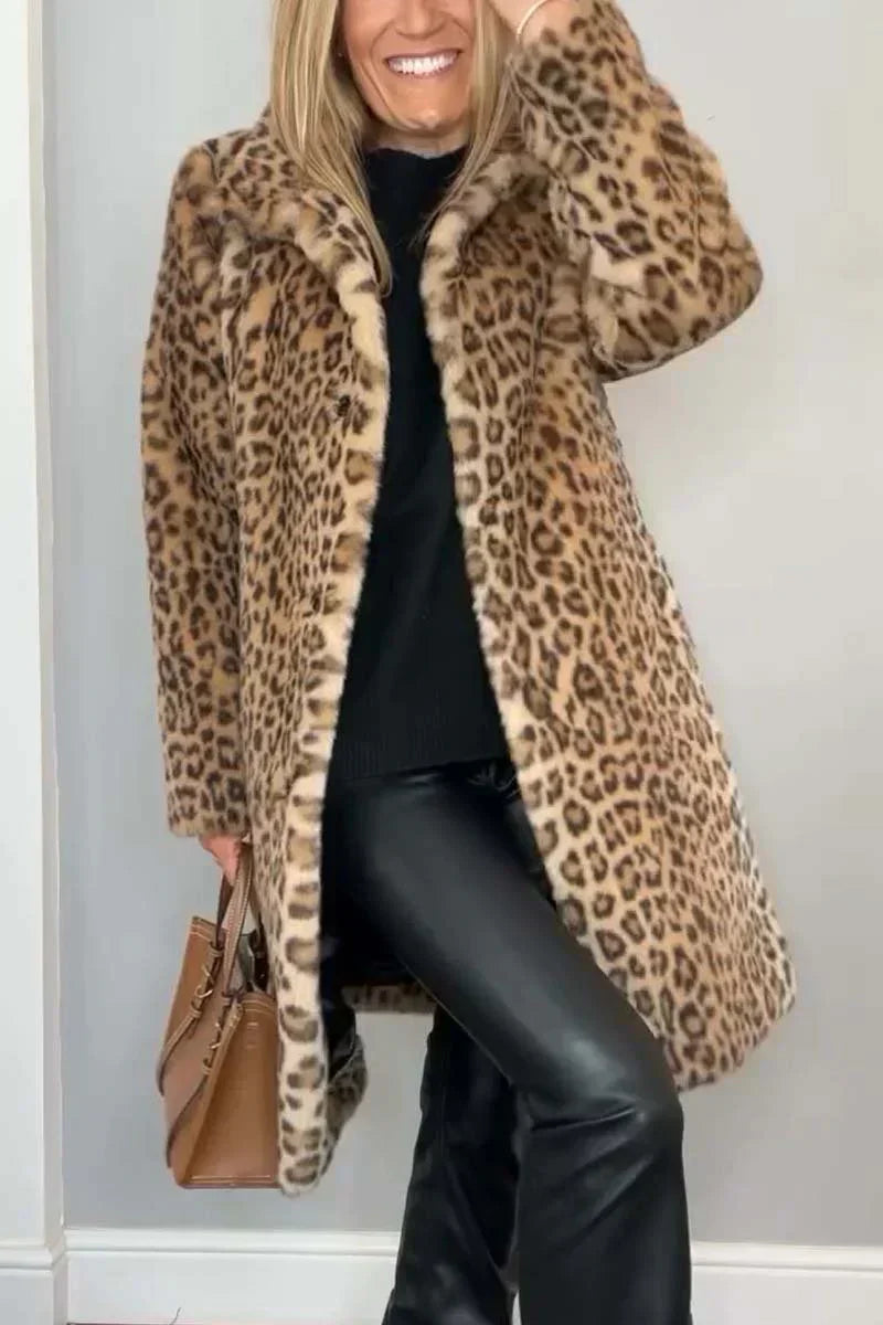 Street-wave Leopard Print Winter Coat For Women Warm Faux-Fur Lining Chic Cozy Everyday Style