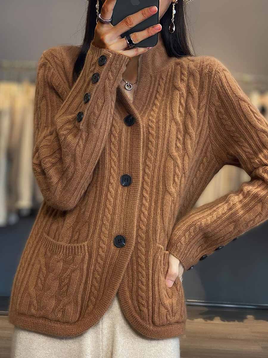 Street-Wave Cable Knit Cardigan With Braided Buttons And Stand Collar For Women Everyday Elegance