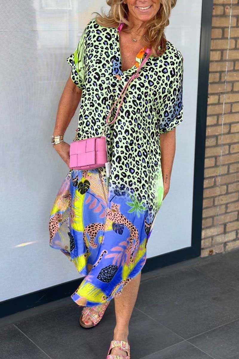 Leopard Print Midi Dress With Side Slit Street Wave Vibrant Tropical Floral Accent For Women