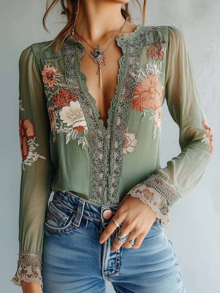 Street Wave Boho Lace Blouse With Floral Print For Women Lightweight Sheer Top With Delicate Lace Trim