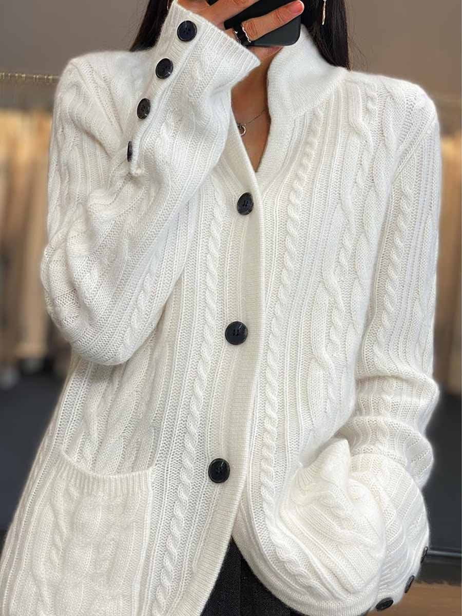 Street-Wave Cable Knit Cardigan With Braided Buttons And Stand Collar For Women Everyday Elegance