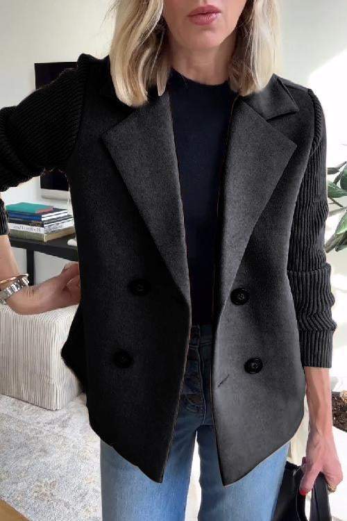 Street Wave Knit Sleeve Double Breasted Blazer Camel Versatile Everyday Wear For Modern Women Timeless Chic Comfort