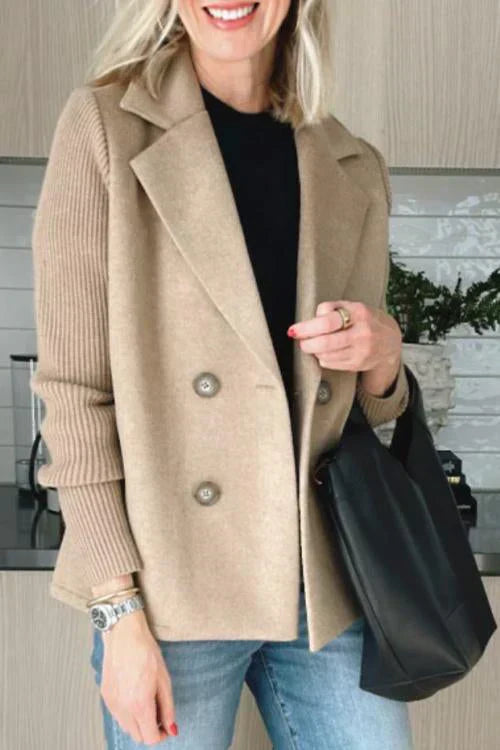 Street Wave Knit Sleeve Double Breasted Blazer Camel Versatile Everyday Wear For Modern Women Timeless Chic Comfort
