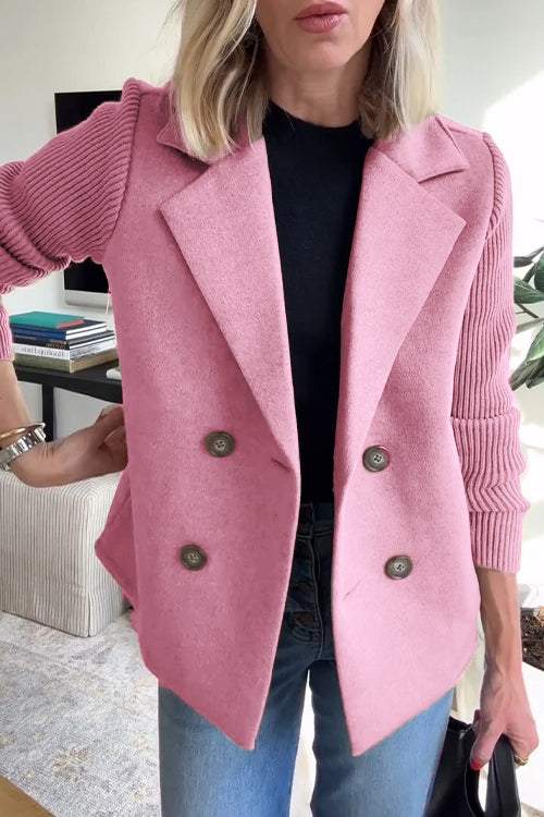 Street Wave Knit Sleeve Double Breasted Blazer Camel Versatile Everyday Wear For Modern Women Timeless Chic Comfort