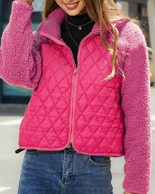 Street-wave Plush Zip Jacket for Women Cozy Warmth Soft Quilted Panels Everyday Stylish Outerwear