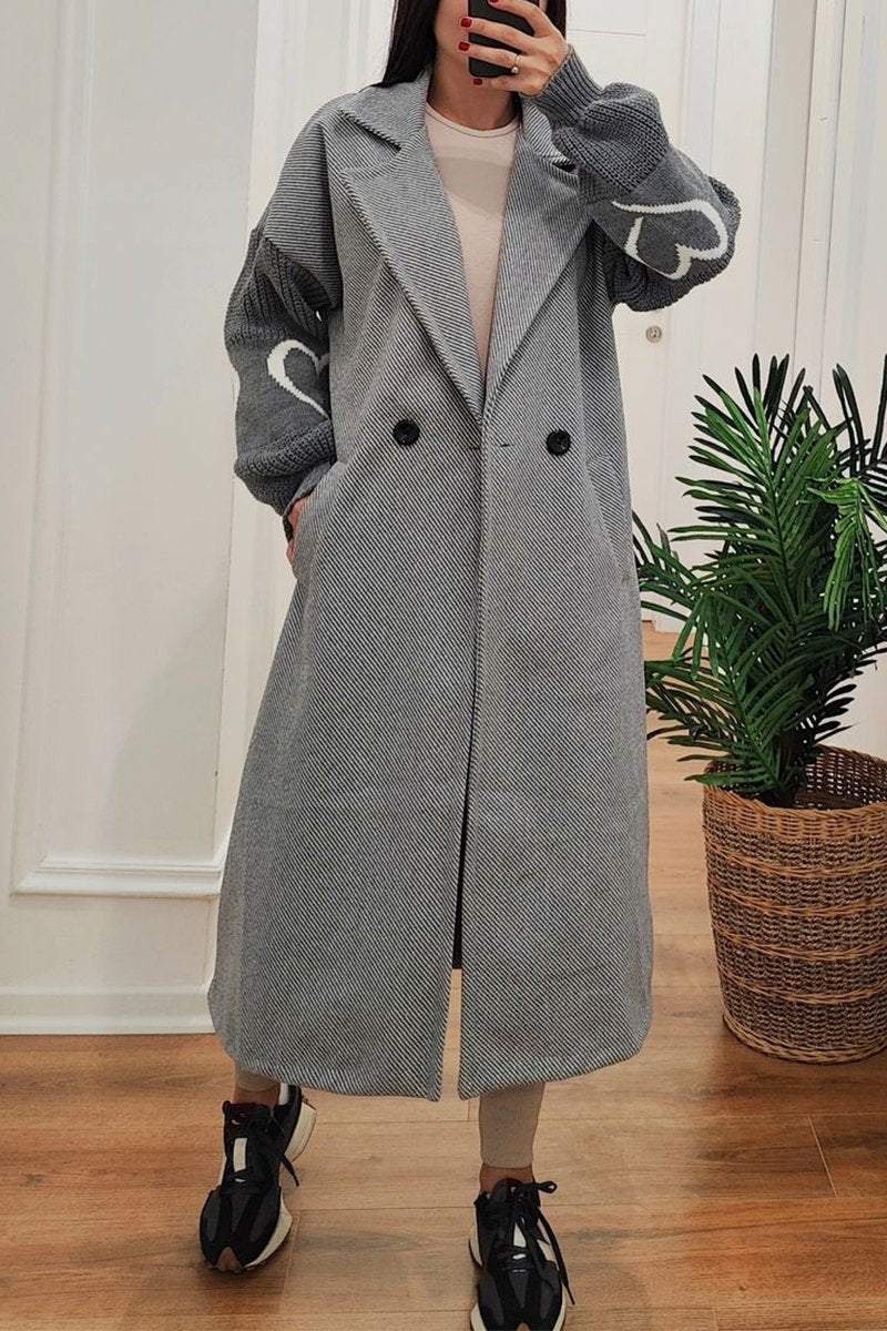 Street Wave Long Coat With Knit Sleeves Elegant Warm Design For Women Versatile Outerwear