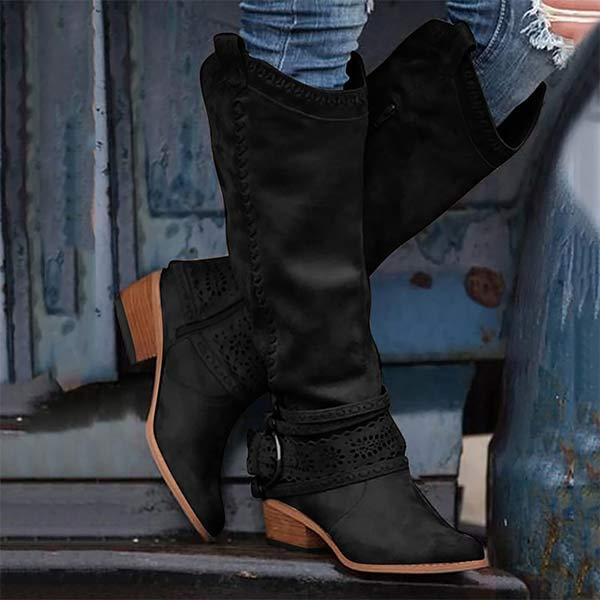 Street Wave Cowboy Boots With Block Heel And Buckle Decor For Women Stylish Western Footwear
