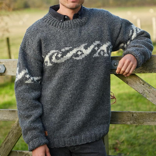 Street Wave Jacquard Knit Crewneck Sweater For Men Cozy Chic Streetwear Essential