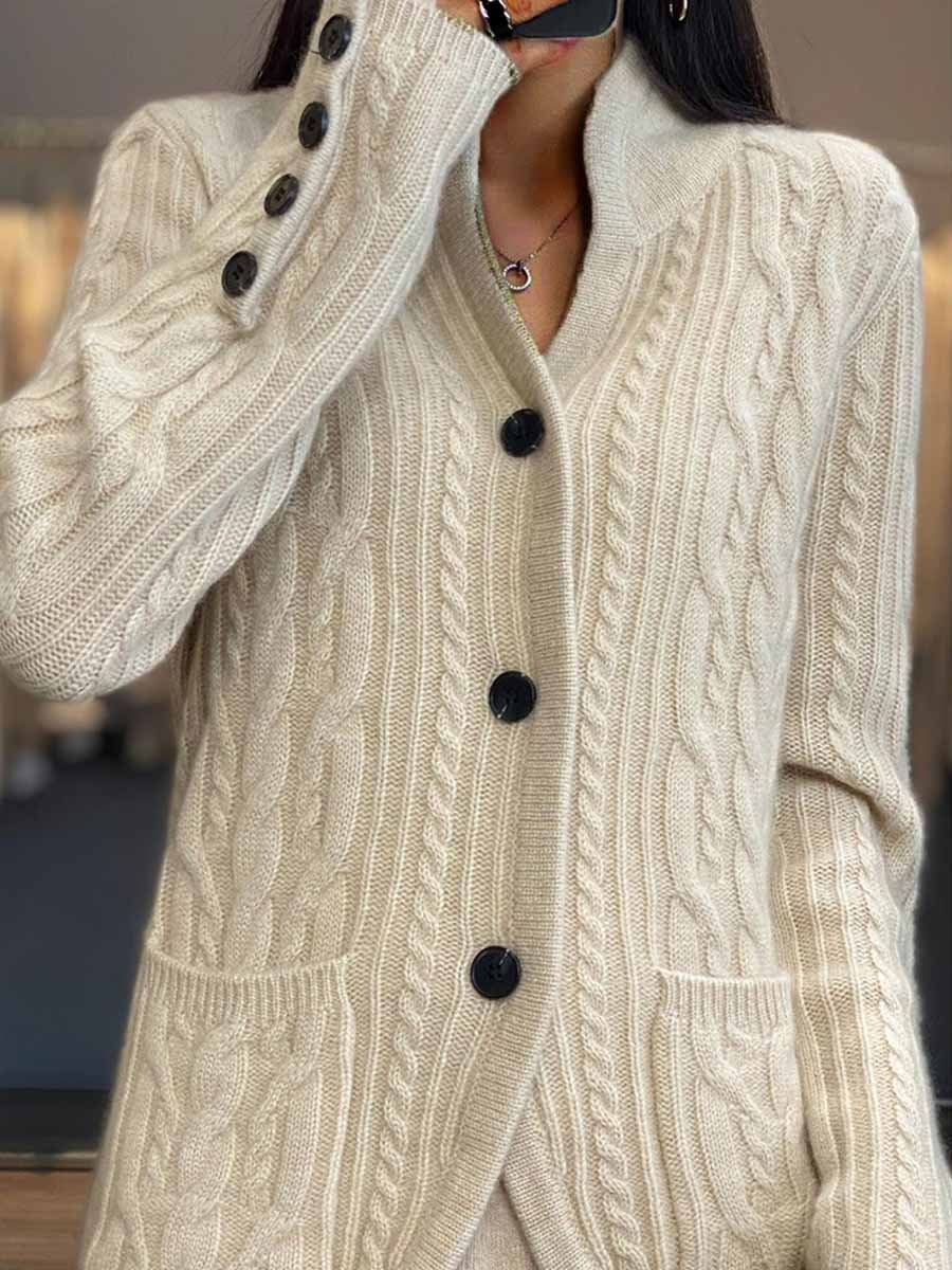 Street-Wave Cable Knit Cardigan With Braided Buttons And Stand Collar For Women Everyday Elegance