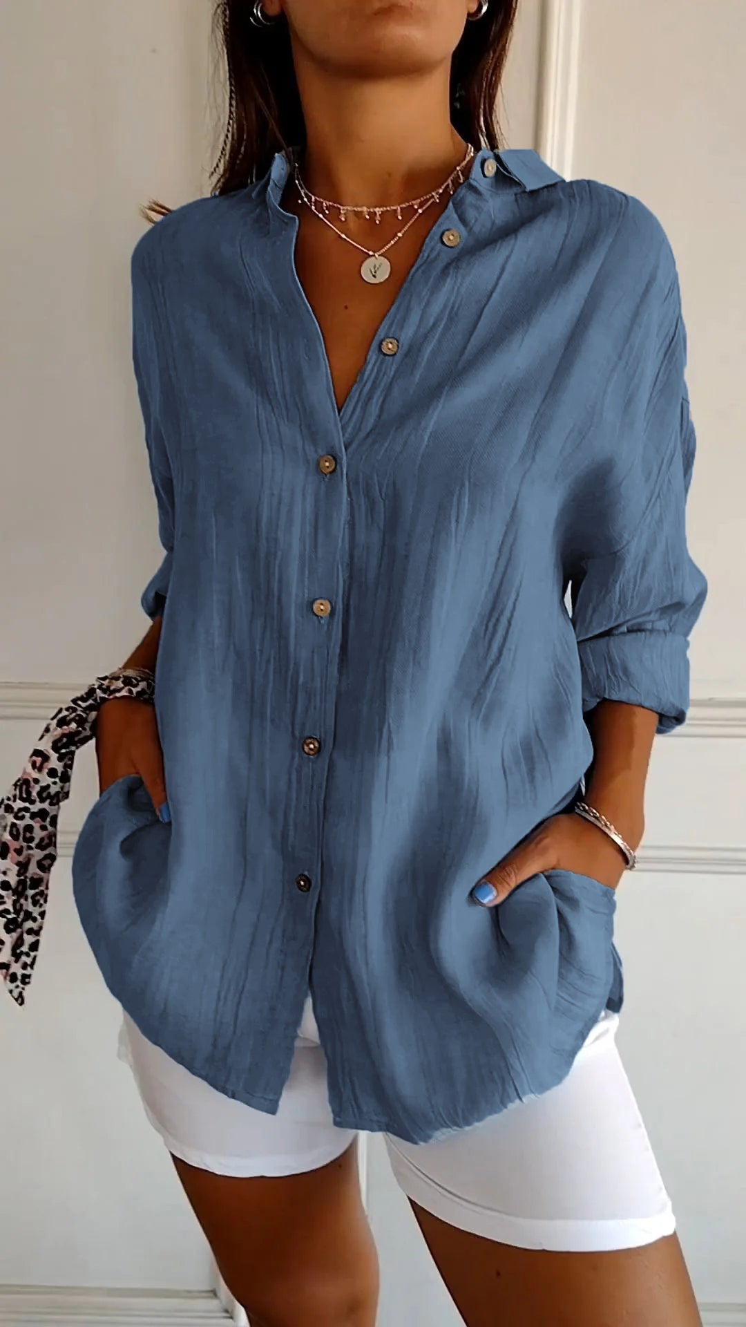 Saskia Womens Shirt Streetwave Elegant Light Blue Button Up With Ruffled Neckline For Fashion Forward Women