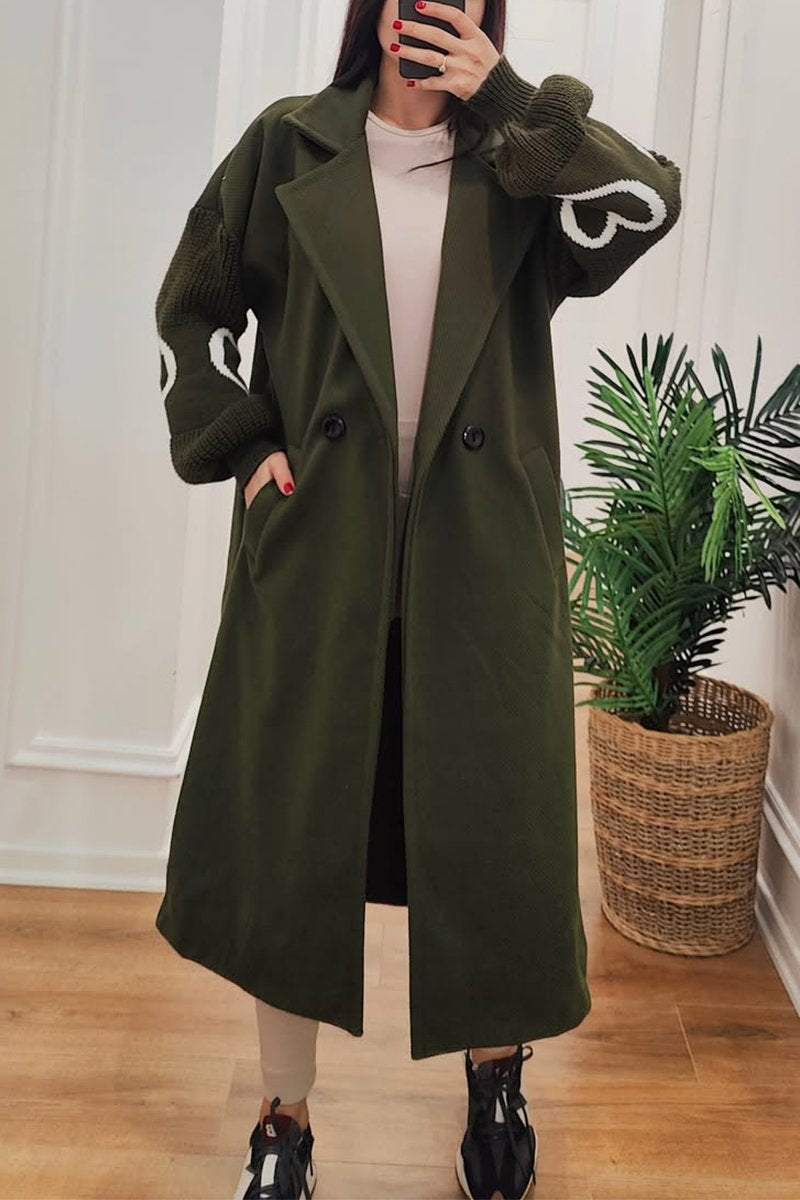 Street Wave Long Coat With Knit Sleeves Elegant Warm Design For Women Versatile Outerwear