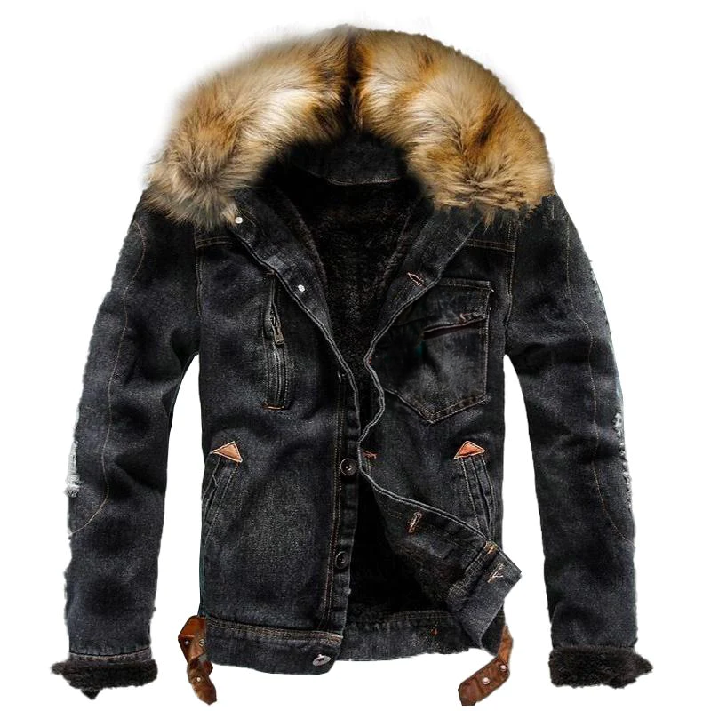 Street Wave Trucker Legacy Denim Jacket With Fur Collar For Men Warm Vintage Style