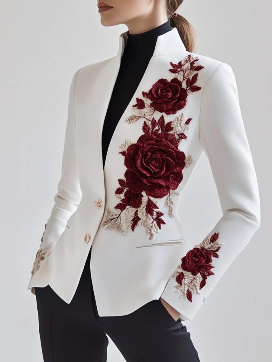 Street-Wave White Rose Embroidered Blazer For Women Elegant Floral Statement Piece