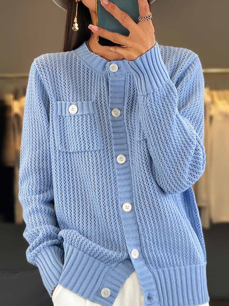 Street Wave Hollow Knit Cardigan With Pockets For Women Breathable Comfortable Fit