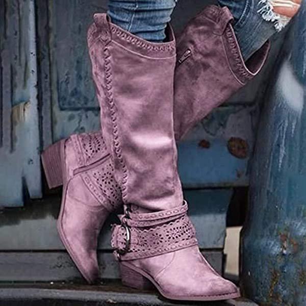 Street Wave Cowboy Boots With Block Heel And Buckle Decor For Women Stylish Western Footwear