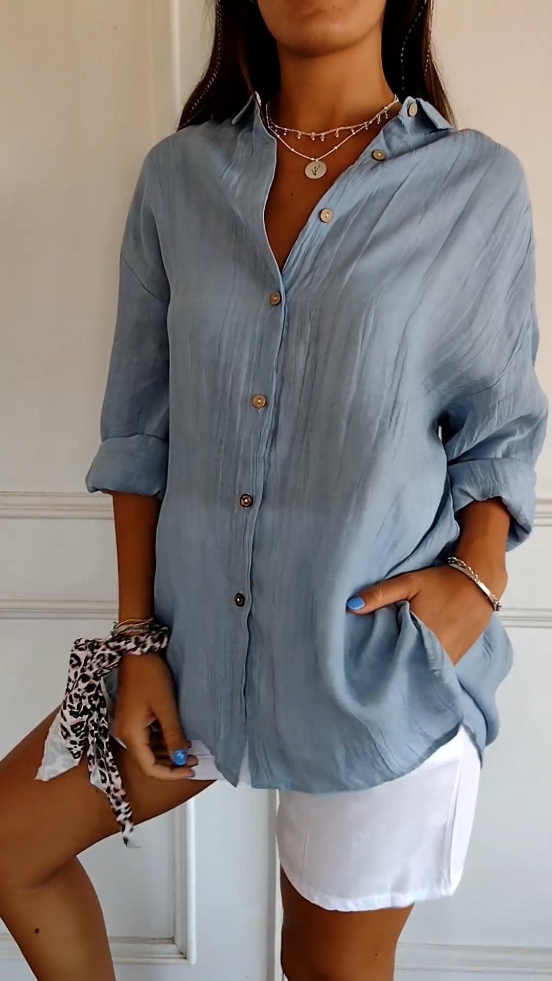 Saskia Womens Shirt Streetwave Elegant Light Blue Button Up With Ruffled Neckline For Fashion Forward Women