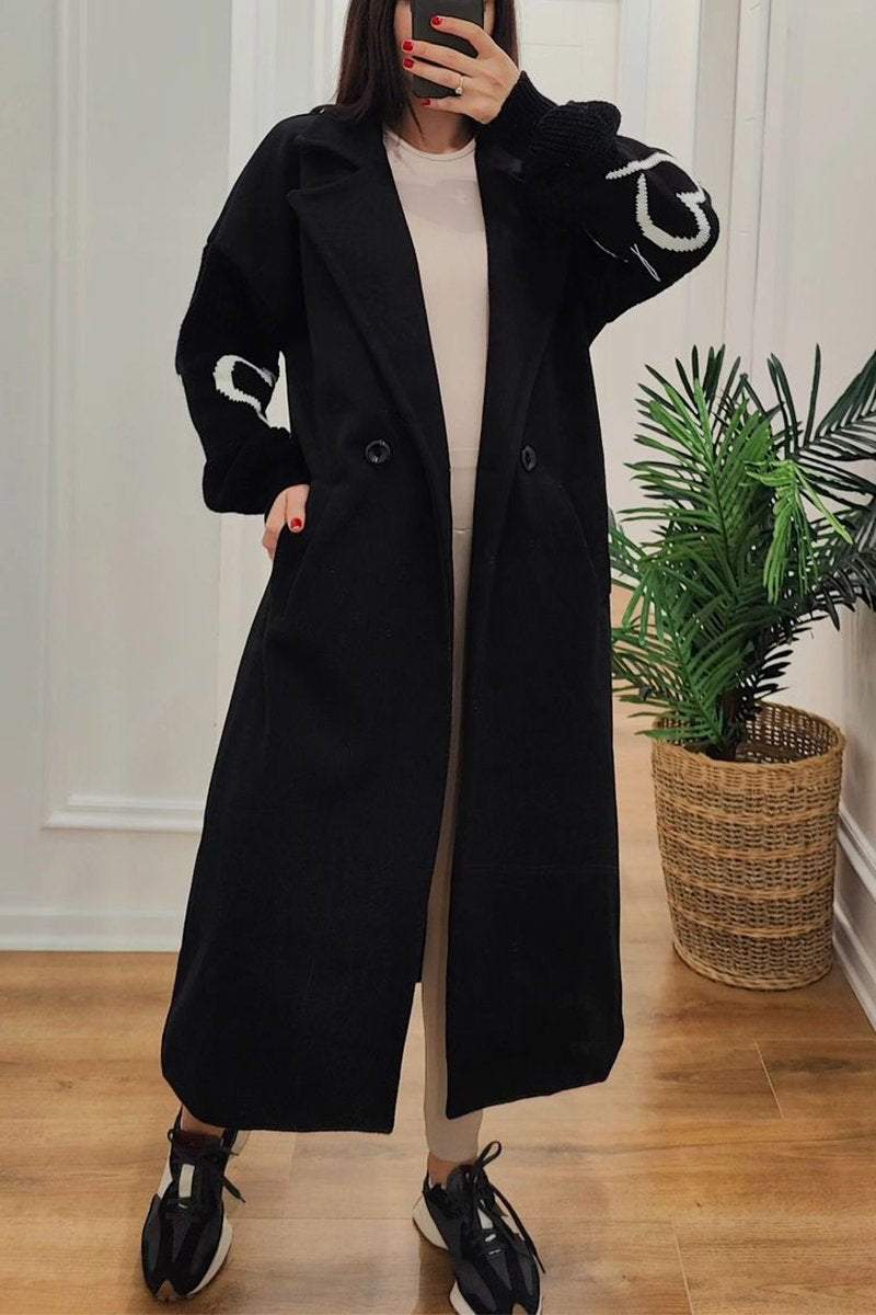 Street Wave Long Coat With Knit Sleeves Elegant Warm Design For Women Versatile Outerwear