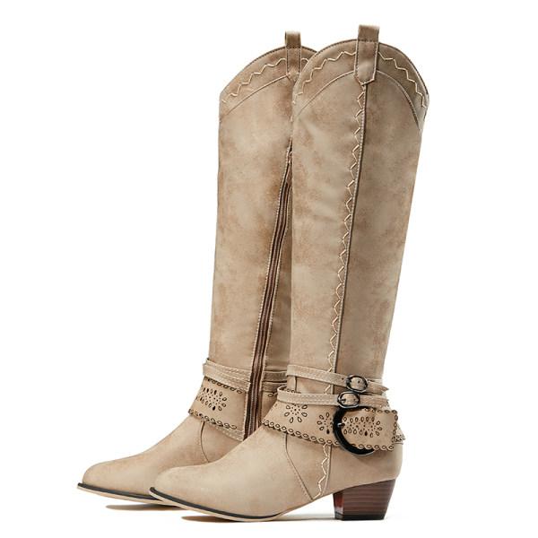 Street Wave Cowboy Boots With Block Heel And Buckle Decor For Women Stylish Western Footwear