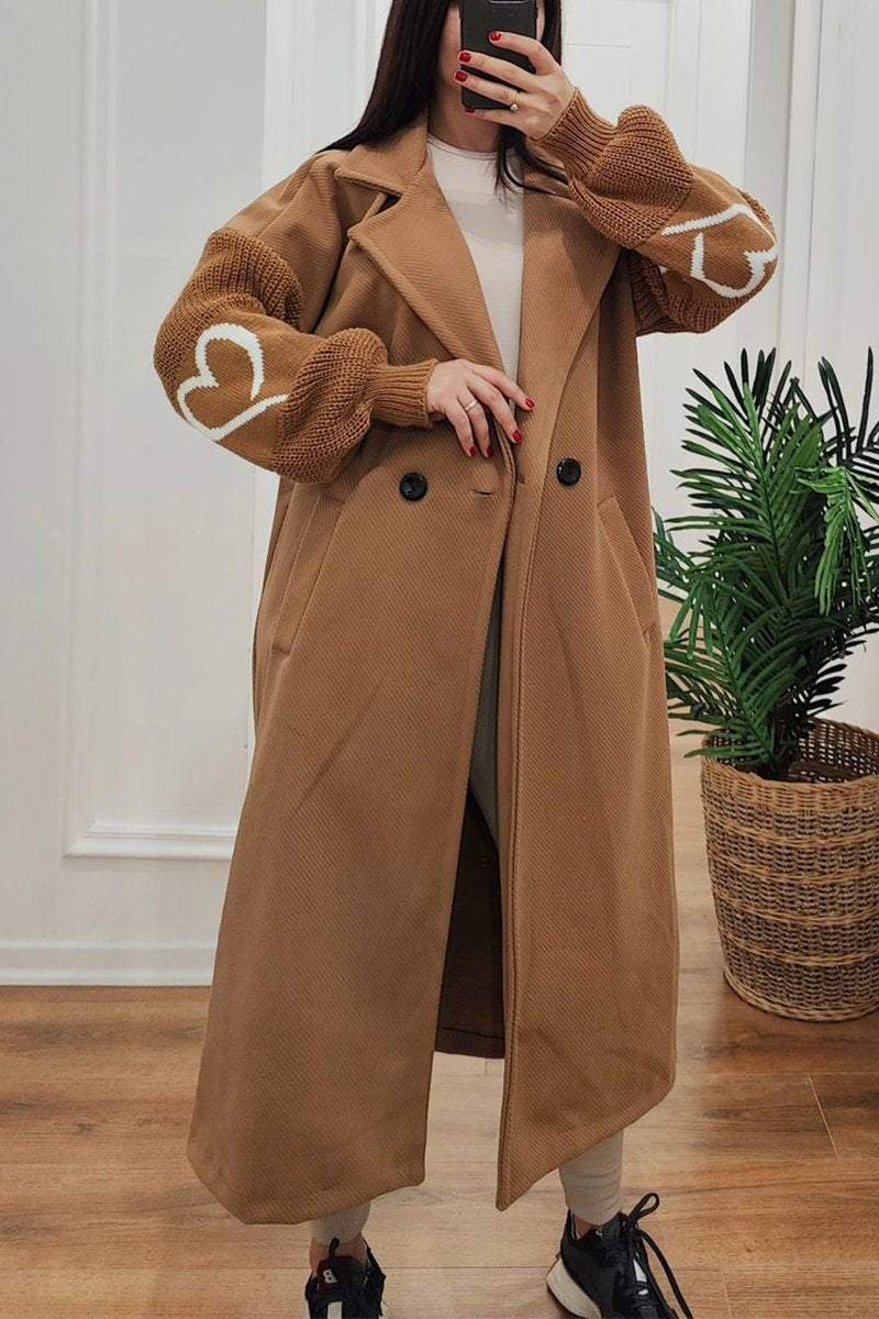 Street Wave Long Coat With Knit Sleeves Elegant Warm Design For Women Versatile Outerwear