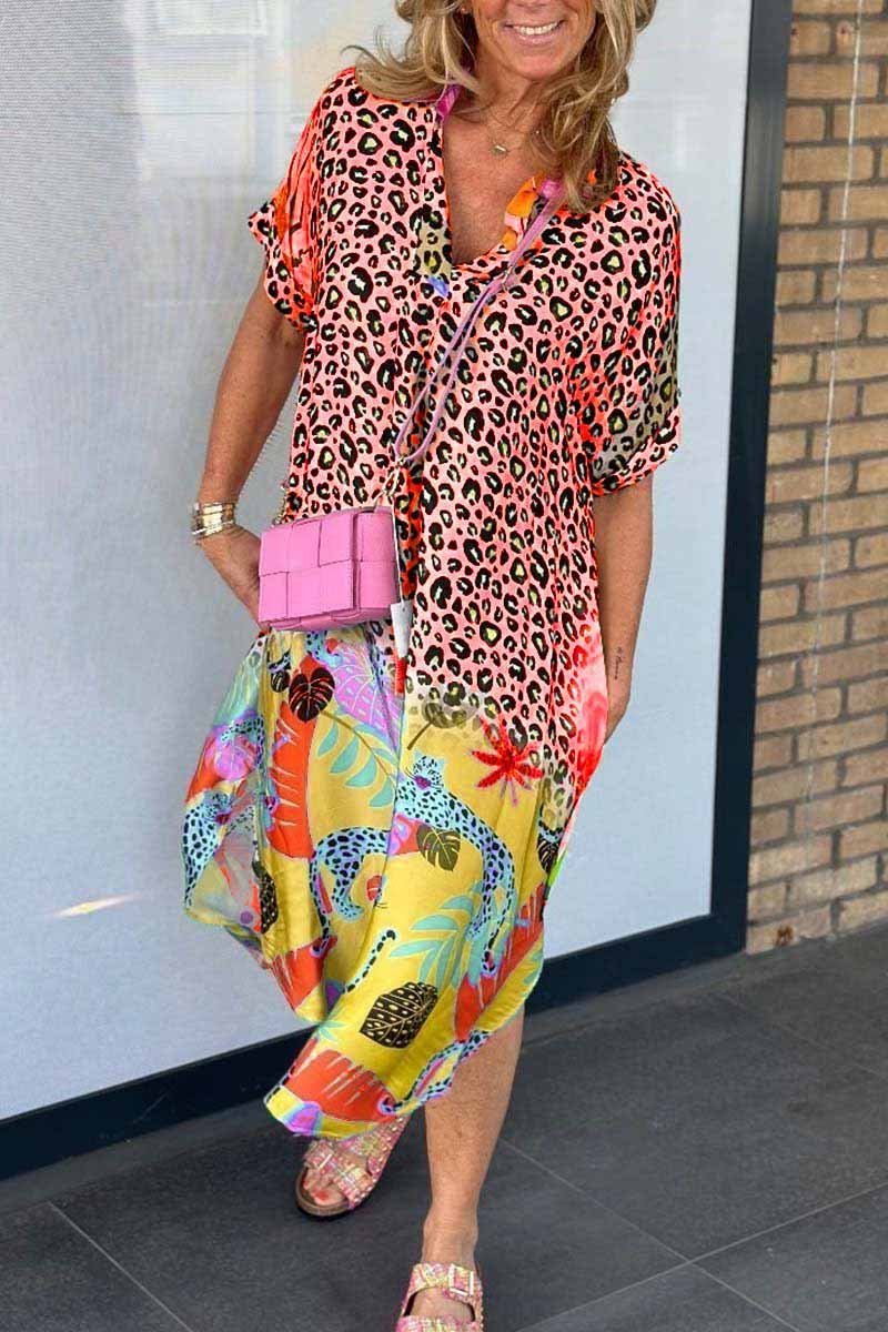 Leopard Print Midi Dress With Side Slit Street Wave Vibrant Tropical Floral Accent For Women
