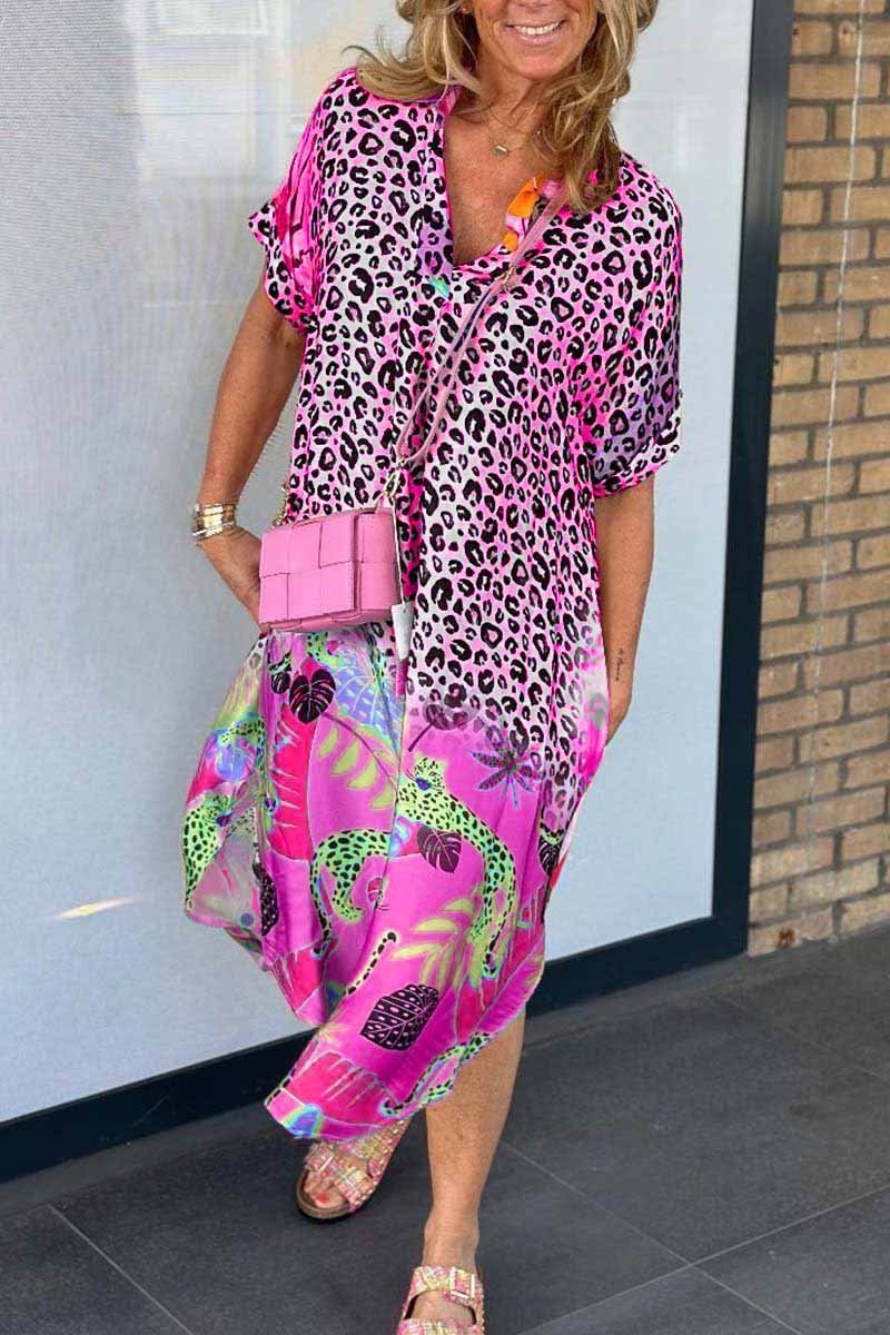 Leopard Print Midi Dress With Side Slit Street Wave Vibrant Tropical Floral Accent For Women