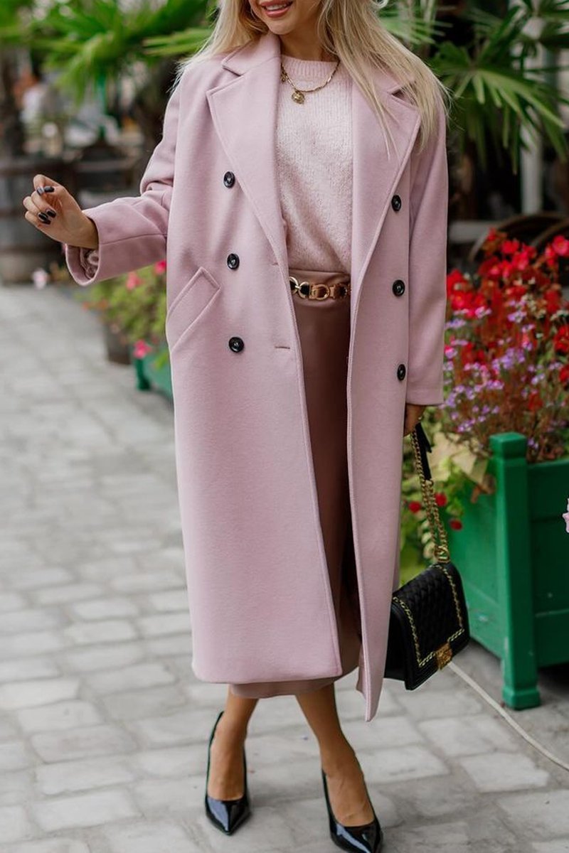 Street-wave Double-Breasted Pink Long Coat For Women Timeless Chic With Elegant Cut
