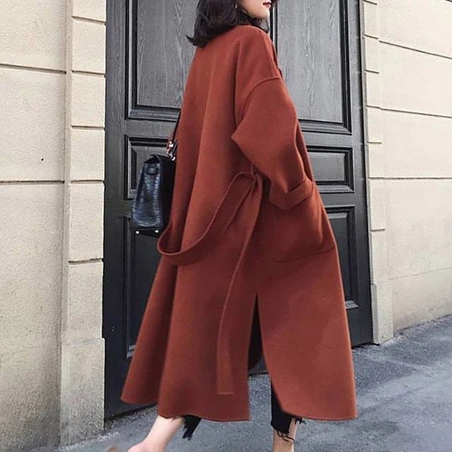 Street Wave Oversized Trench Coat For Women Wool Blend Warmth Belted Classic Lapel