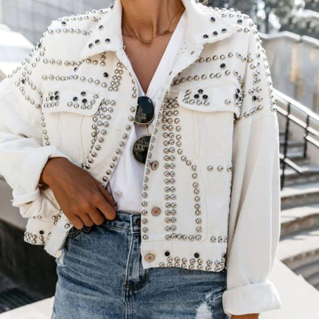 Street-Wave Studded Denim Jacket With Metallic Embellishments For Trendsetting Women